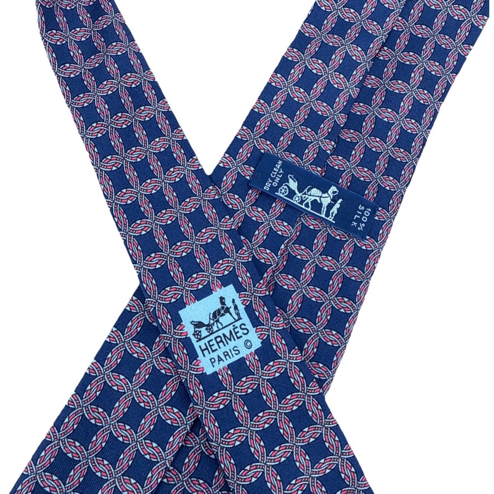 Hermès France 100% Silk Tie Navy Blue Red Geometric Squares Luxury AOP 7092 UA - Picture 4 of 4
